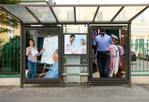 Escreen Digital Signage displaying pictures of different businesses on the street